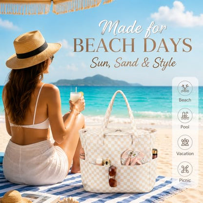 LEDAOU Beach Bag Waterproof Sandproof Women Beach Tote Pool Bag with Zipper for Swim Gym Grocery Travel with Wet Pocket | Sandproof - color: Light Khaki White Checkered