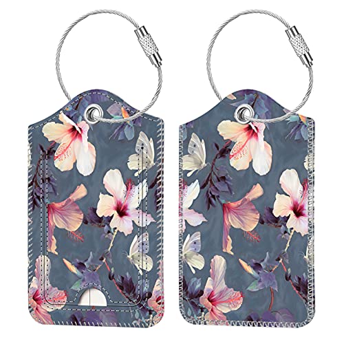 Fintie Luggage Tags, Privacy Cover ID Label with Stainless Steel Loop and Address Card for Travel Bag Suitcase - Blooming Hibiscus (2 Piece) - color: Blooming Hibiscus