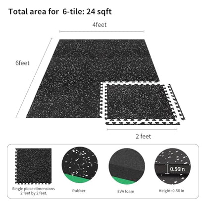 0.56in Thick 24 Sq Ft Gym Flooring for Home Gym, 6 Tiles Workout Exercise Equipment Mats, Rubber Top with EVA Foam, Interlocking Puzzle Floor Tiles for Fitness Room, Protective Flooring Mat - size: 0.56in