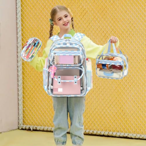 ACESAK Clear Backpack for Girls - 3 Pcs Clear Backpack Heavy Duty with Lunch Bag - See Through Bookbag Stadium Approved for Kids Middle High College School(Blue Checkerboard) - color: Blue Checkerboard