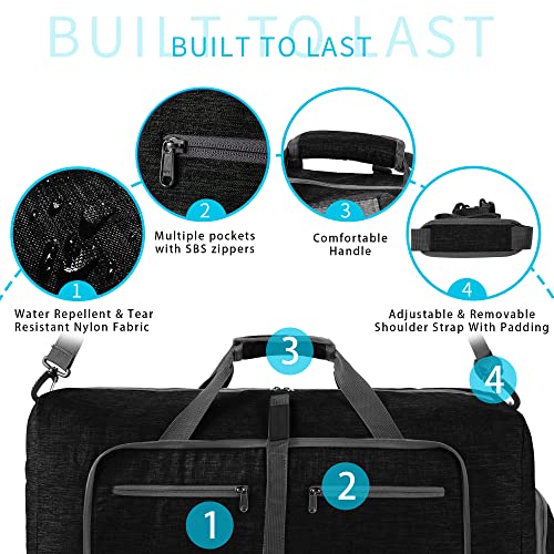 Vomgomfom 65L/85L/115L Foldable Travel Duffle Bag, Lightweight Checked Luggage with Shoe Compartment, Water-Resistant Weekender Overnight Bag for Men & Women - color: Black, size: 115L