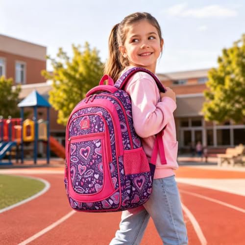 MYGOO Girls School Backpack Vineyard Heart Purple Bookbag for Elementary Middle School Ages 5-12, 17 inch Large Capacity 24L Kids Student Travel Bags - color: Vineyard Heart Purple