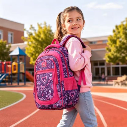 MYGOO Girls School Backpack Vineyard Heart Purple Bookbag for Elementary Middle School Ages 5-12, 17 inch Large Capacity 24L Kids Student Travel Bags - color: Vineyard Heart Purple