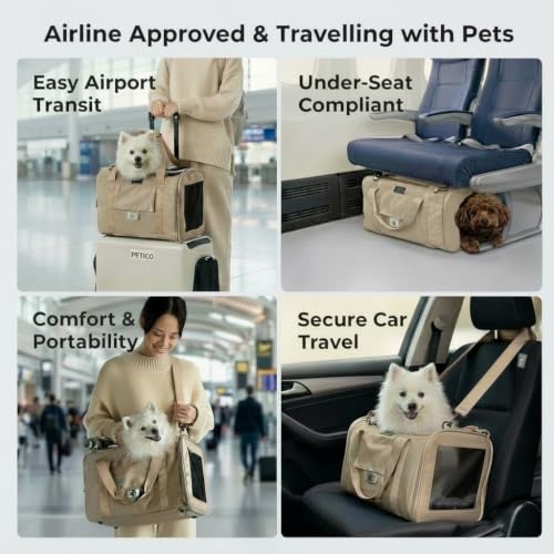 PETiCO NOA 3003 Airline Approved Pet Carrier - Pet Duffle Bag for Small Dogs & Cats Under 15 lbs, Sturdy & Machine Washable with Magnetic Snaps, Medium Size, Beige - color: Beige, size: Medium