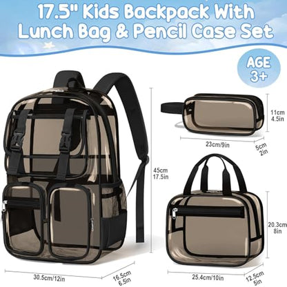 Fimibuke Clear Backpack for Girls - 3 PCS Heavy Duty Kids Boys Clear Bags Schoolbag Large Transparent PVC Bookbag with Lunch Box Pencil Case Set for Travel School Concert Stadium Events Backpacks - color: semi black