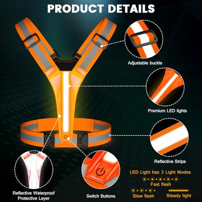 Fokia Kunbio LED Reflective Running Vest Gear,Light Up Vest Runners Night Walking USB Rechargeable,Up to 11hrs Light with Adjustable Waist/Shoulder for Women Men Kids - color: Orange