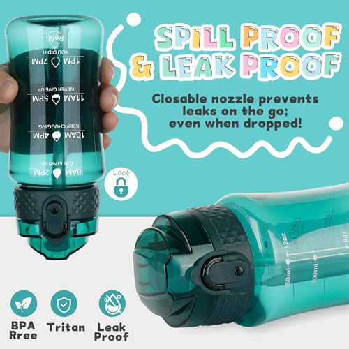 OLDLEY 12oz Kids Water Bottle, Tritan BPA-Free, Leakproof Flip Straw Lid, Motivational Time Marker, Carry Strap, Reusable Clear Water Bottle for Boys & Girls,Trout Green - color: Trout Green, style: 12 Ounces