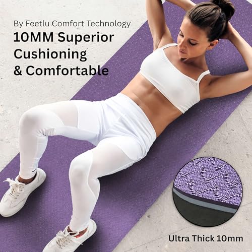 Extra Thick Yoga Mat with Carry Strap, 10mm Non-Slip Exercise Mat, 72 x 24 Inch Cushioned Workout Mat for Yoga, Pilates, Stretching & Floor Exercises - color: Dark Purple & Blue Gray