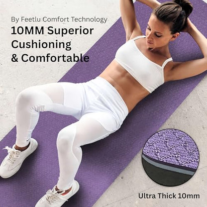 Extra Thick Yoga Mat with Carry Strap, 10mm Non-Slip Exercise Mat, 72 x 24 Inch Cushioned Workout Mat for Yoga, Pilates, Stretching & Floor Exercises - color: Dark Purple & Blue Gray