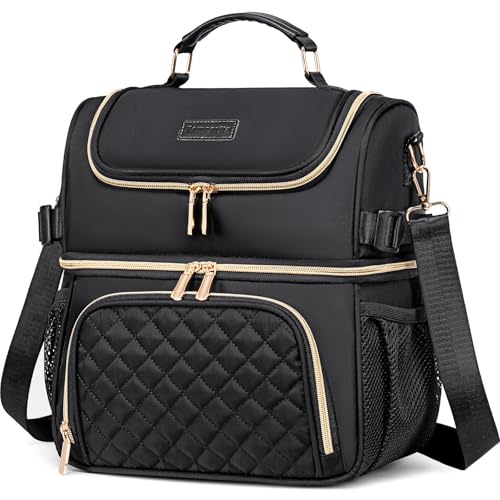 Lunch Bags for Women, Dual Compartment Lunch Box Lunch Bag for Work, Leakproof Lunch Cooler Large Insulated Lunchbox for Adult for Women Men, Lunchbag for Picnic Beach (Black) - color: Black