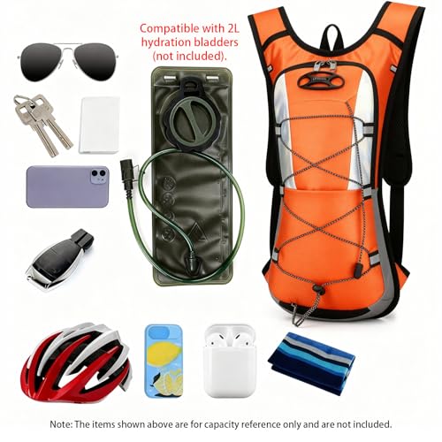 Sadnyy 2 Pcs Hydration Backpack Hiking Water Backpack for 2l Waterbag(Waterbag Not Included), Reflective Lightweight Cycling Daypack with Helmet Net Bag for Biking, Running, Skiing - color: Orange, Black