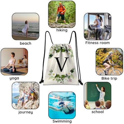 Initial Letter Drawstring Backpack String Sports Gym Bags Waterproof Sackpack Cute for Men Women Beach (13"×17") (Letter-V) - color: Letter-v