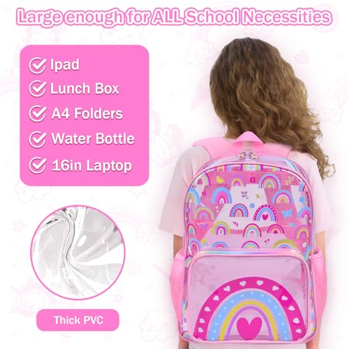 SHPMXUPW 3-Piece Clear PVC School Backpack for Boys and Girls, 17″ Kids Transparent Pink Backpack Set with Lunch Bag & Pencil Case–Adjustable Straps, Side Mesh Pocket & Sturdy Handle (Pink-Rainbow) - color: Pink-Rainbow