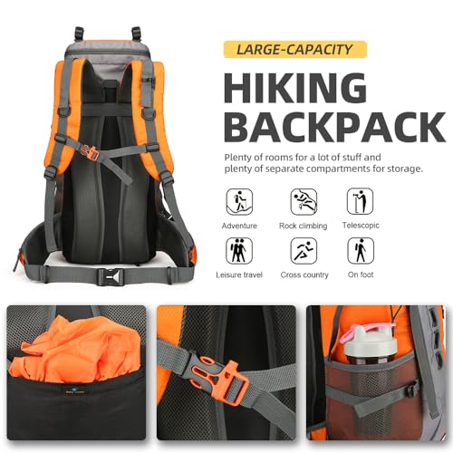 King'sGuard 60L Hiking Backpack for Men and Women Lightweight Camping Hiking Backpack with Rain Cover Large Waterproof Travel Backpack Backpacking Pack (Orange) - color: Orange