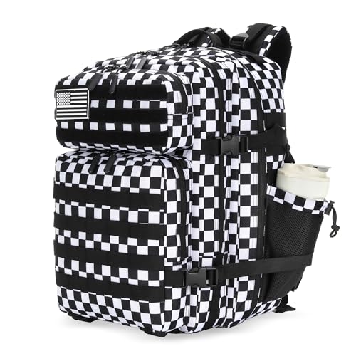 Lovelinks21 25L Tactical Military Backpack Small Travel Rucksack for Men and Women Assault Pack Bug Out Bag Molle Daypack Gym Backpack with Bottle Holder (Black White Checkered) - color: Black White Checkered