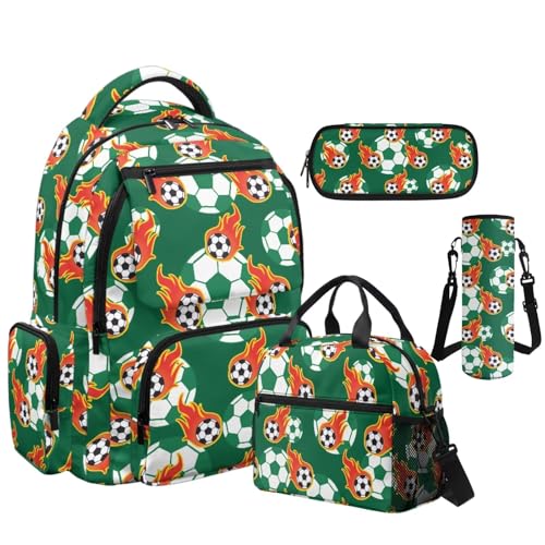 Fire Soccer Backpack for Boys Kids Bookbag with Lunch Box Pencil Pouch and Water Bottle Pouch 4PCS Set Cool Backpacks for Boys School Book Bag for Kindergarten Primary School Bag - color: Fire Soccer