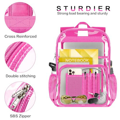 Clear Backpack Heavy Duty Large Transparent Backpack with Reinforced Bottom Multi-pockets for College, Travel, Workplace Security - Pink - color: Pink