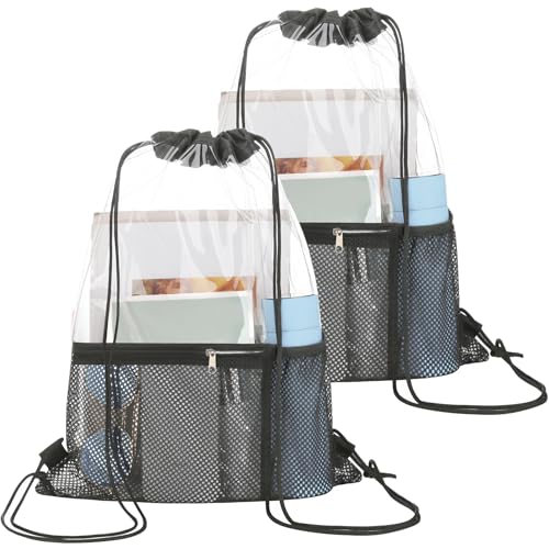 NATURAL STYLE 2 PACK Clear Drawstring Bag Stadium Approved, See Through Transparent PVC Drawstring Backpack, Clear Bag for for Concert Sport Festival Travel Work (Black)