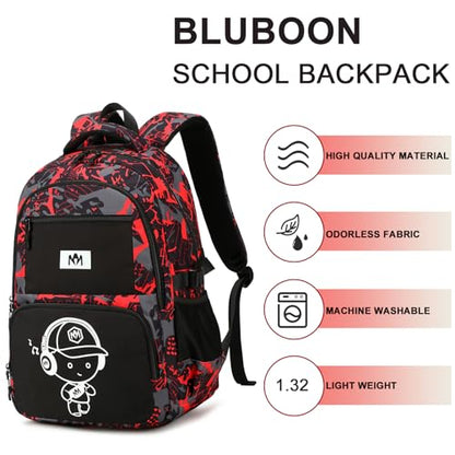 Bluboon Kids Backpack Boys Camo Bookbag Teens Elementary School Bag Daypack Travel Back Pack Middle school (Boy-red doodle) - color: Boy-red Doodle