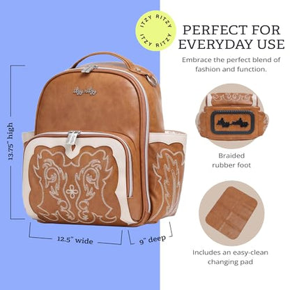 Itzy Ritzy Mini Diaper Bag Backpack – Chic, Compact Mini Plus Backpack with Changing Pad, 10 Pockets (6 Internal, 4 External), Grab-Top Handle & Rubber Feet (Saddle) - color: Saddle