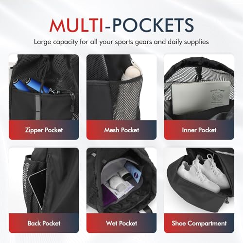 PinCute Drawstring Gym Bag for Men/Women - Mesh Beach Swim Bags Sports Backpack with Wet Pocket&Shoe Compartment, Lightweight - color: Black