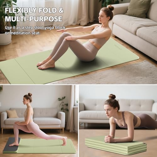 7-Fold Yoga Mat 70"x24" - 1/2 Inch Thick Folding Exercise Mat, Compact Non-Slip TPE Mat for Travel, Storage, Yoga & Home Gym, Lightweight & Portable - color: Grass Green + Black