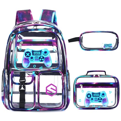 DIGOBAY 3PCS Cool Luminous Clear Backpack for Boys Kids, Gamer Clear Bookbag for School, See Through PVC Transparent Backpacks with Lunch Bag Pencil Case, Backpack Heavy Duty for School Stadium - color: Black-purple Galaxy