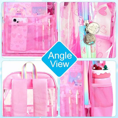 gxtvo 3PCS Girls Clear Backpack Heavy-Duty Set for Women & Teen, 17" Rose Pink Transparent Bookbag with Rainbow Strap, Cute Differentiation Love See Through School Bag - color: Rose Pink Love Clear Backpack Set