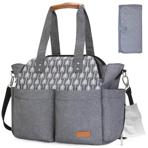 Lekebaby Diaper Bag Tote, 17 Pockets Large Travel Diaper Tote Waterproof with Portable Changing Pad, Mom Crossbody Hospital Bag for Labor Delivery, Baby Essentials for Newborn Gifts, Grey - color: Arrow Grey