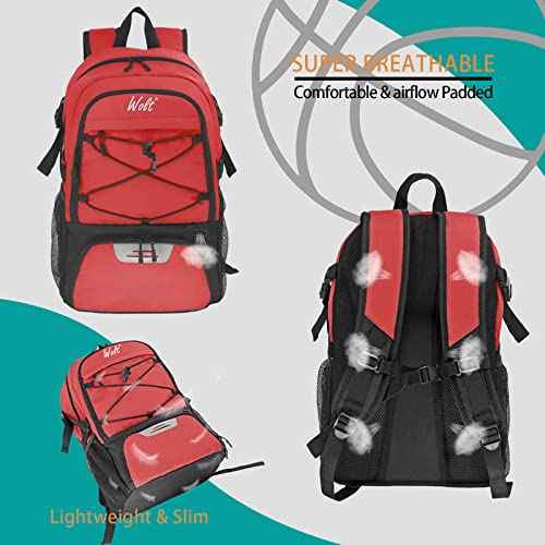 WOLT Basketball Backpack Large Sports Bag with Separate Ball Holder & Shoes Compartment, Best for Basketball, Soccer,Gym - color: Red