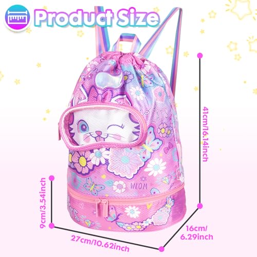 Drawstring Backpack for Kids Girls, Cute Cartoon Cat Waterproof Drawstring Bag String Swim Gym Sports Beach Bag with Shoes & Sunglasses Compartment and Wet Proof Pocket - color: J12. Cat