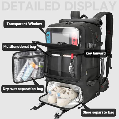 Travel Backpack for Men Women, Carry On Duffle Bag with Luggage Strap, USB Charging Port, Shoe Compartment, Dry-Wet Pocket, Clear Pocket,17 inch Laptop Heavy Duty Backpack for College Weekender Gym