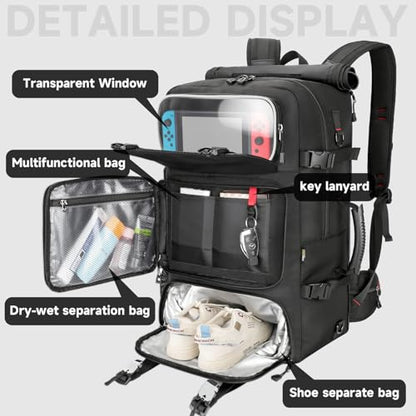 Travel Backpack for Men Women, Carry On Duffle Bag with Luggage Strap, USB Charging Port, Shoe Compartment, Dry-Wet Pocket, Clear Pocket,17 inch Laptop Heavy Duty Backpack for College Weekender Gym