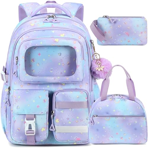AO ALI VICTORY Backpack for Girls with Lunch Bag Pencil Case Kids School Bags for Kindergarten Elementary Middle Primary Schoolbag Cute 16 inch Laptop Bookbag Students 3 PCS Cute Bookbag, Purple Set - color: Purple Set