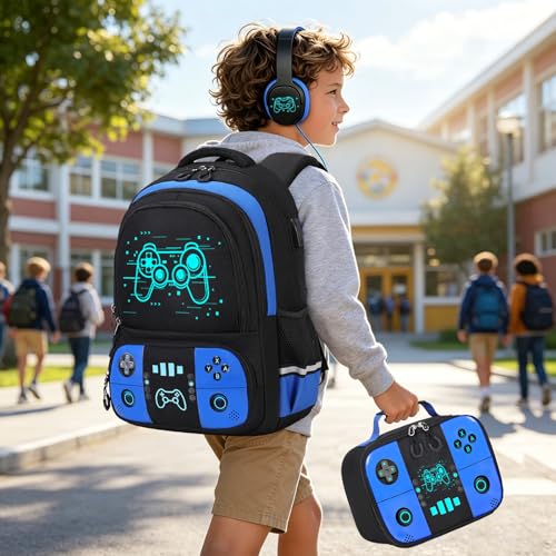 Bevalsa Backpack for School Boys,Cool Luminous Gamer Boys Backpacks with Wired Headphones Lunch Box Pencil Case,Kids Schoolbag for Kindergarten Elementary School(Blue Game Backpack with Headphones) - color: Blue Game, style: Backpack With Headphones