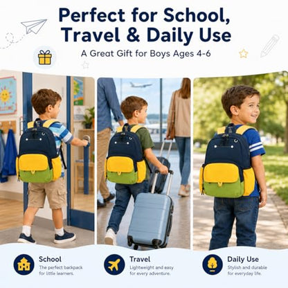 BTOOP Kids Backpack for Boys 3-6, Preschool Kindergarten Backpack with Insulated Lunch Compartment & Chest Strap, Cute Lightweight School Travel Bag Fits A4 Folder - color: Navy-blue, size: Age 3-6 (14.5" H Fit Folder)