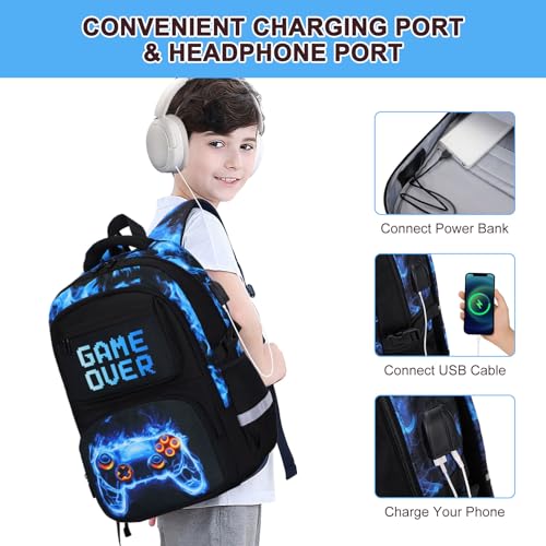 3PCS School Backpack for Boys, Cool Gamer Boys Backpack with Lunch Box and Pencil Case for Kids Kindergarten Teens Elementary Middle School Bag with Convenient Charging Port,Gaming Bookbag Waterproof - color: Blue Flame
