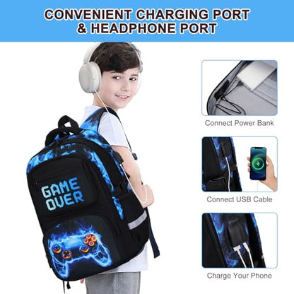 3PCS School Backpack for Boys, Cool Gamer Boys Backpack with Lunch Box and Pencil Case for Kids Kindergarten Teens Elementary Middle School Bag with Convenient Charging Port,Gaming Bookbag Waterproof - color: Blue Flame