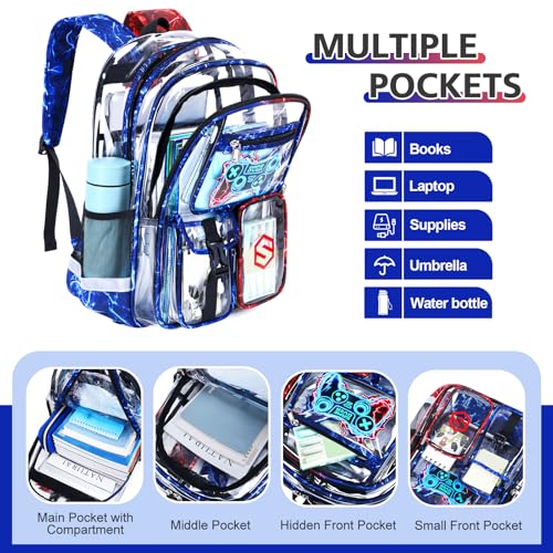 DIGOBAY 3PCS Cool Luminous Clear Backpack for Boys Kids, Gamer Clear Bookbag for School, See Through PVC Transparent Backpacks with Lunch Bag Pencil Case, Backpack Heavy Duty for School Stadium - color: Red-blue Lightning