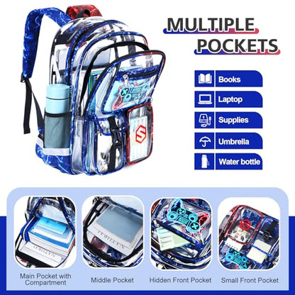 DIGOBAY 3PCS Cool Luminous Clear Backpack for Boys Kids, Gamer Clear Bookbag for School, See Through PVC Transparent Backpacks with Lunch Bag Pencil Case, Backpack Heavy Duty for School Stadium - color: Red-blue Lightning
