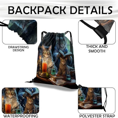 Drawstring Backpack Draw String Bag Waterproof for Sports Gym Beach Travel Cute Aesthetic Sackpack Men Women (13"×17")-Cat - color: S-6-cat
