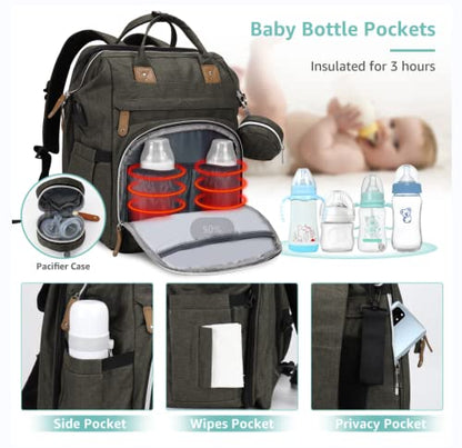DERJUNSTAR Diaper Bag Backpack, Large Baby Bag with Changing Pad, Thick Padded Back & Straps, Laptop Compartment, Waterproof Travel Backpack with USB Port, Multi-Function for Mom & Dad, Army Green - color: Army Green
