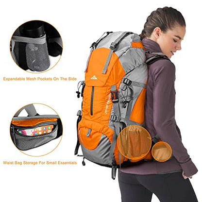 Loowoko 50L Hiking Backpack, Waterproof Camping Essentials Bag with Rain Cover, 45+5 Liter Lightweight Backpacking Back Pack - color: Orange