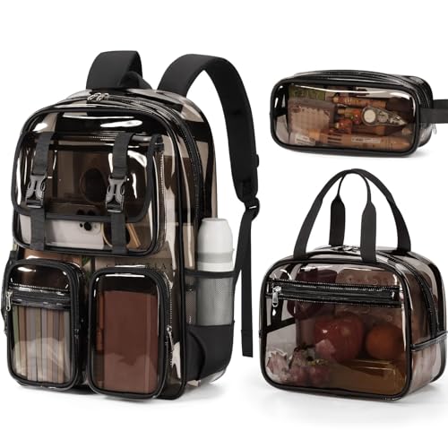Fimibuke Clear Backpack for Girls - 3 PCS Heavy Duty Kids Boys Clear Bags Schoolbag Large Transparent PVC Bookbag with Lunch Box Pencil Case Set for Travel School Concert Stadium Events Backpacks - color: semi black