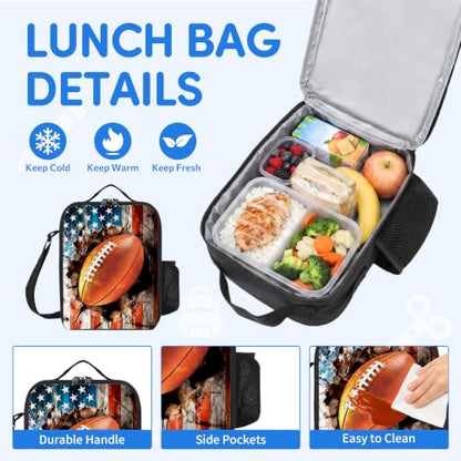 3PCS Football Backpack for Boys Girls Teens, School Backpack with Lunch Box Pencil Case for Elementary Middle High Students, 17 Inch Lightweight Bookpack 3 in 1 Set Back to Shool Supplies for Kids - color: American Flag Football S01