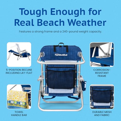 Homevative Cooler+ Folding Backpack Beach Chair with 5 Positions, Towel bar, XL Cooler Pouch, Storage Net, Cup and Phone Holder, Breeze, 2 Pack - color: Breeze