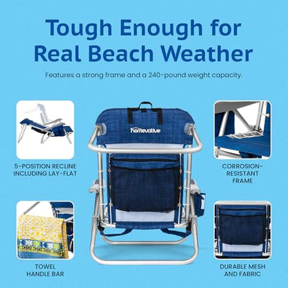 Homevative Cooler+ Folding Backpack Beach Chair with 5 Positions, Towel bar, XL Cooler Pouch, Storage Net, Cup and Phone Holder, Breeze, 2 Pack - color: Breeze