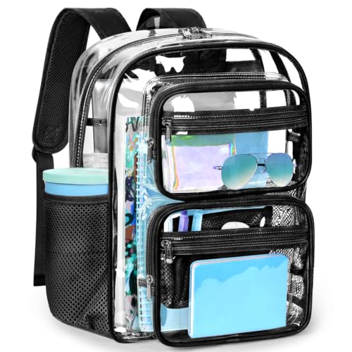ZORFIN Heavy-Duty Clear Backpack for School and Work, Large Transparent Bag with Reinforced Straps - color: Black, size: X-Large