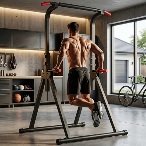 KINMAC Foldable Power Tower Pull Up Bar Station for Home Gym, 6-Level Adjustable Height Dip Station, Heavy-Duty Industrial Steel Workout Equipment, Space-Saving Free-Standing Strength Training Station for Apartment, 440LBS Capacity