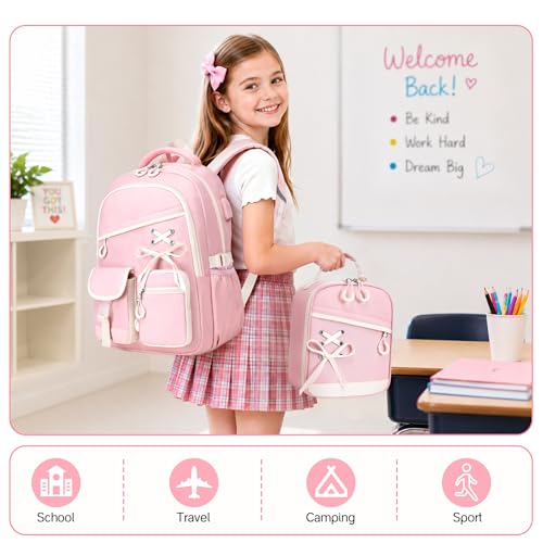 DIGOBAY Backpacks for Girls - 3PCS Girls Backpack with Lunch Box & Pencil Pouch School Backpacks for Elementary Middle High College School Bookbag for Teen Girl Kids Students Pink - color: Pinkbeige